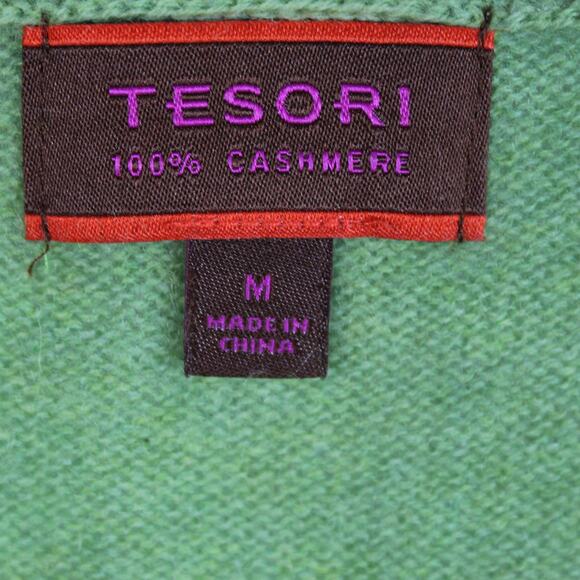 Tesori 100% Cashmere Sweater Womens Medium Green V Neck Soft Classic Knit - Picture 3 of 8